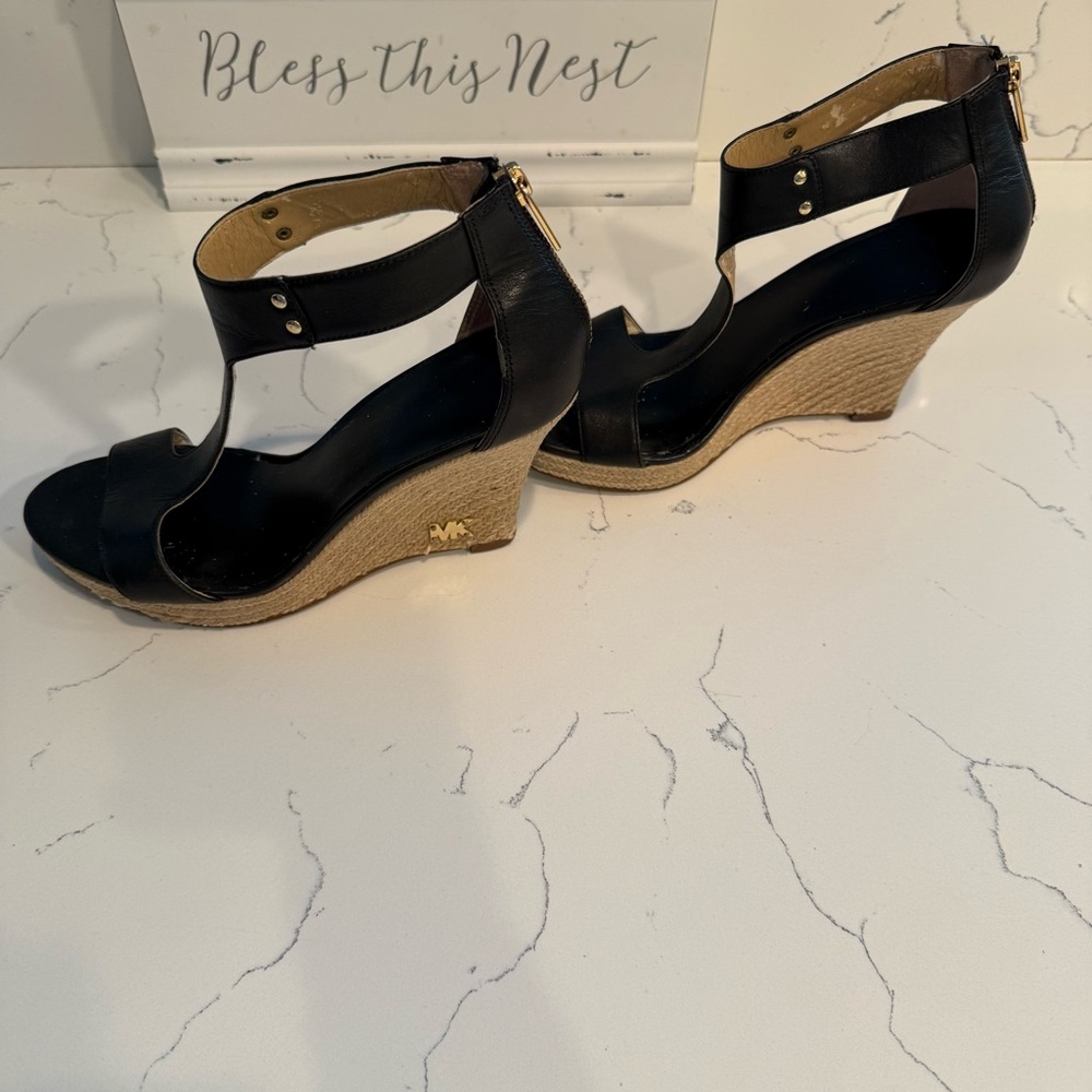 Michael Kors Leather T-Strap Zip Up Wedge Espadrille Black Sandals Women’s 7 GUC - Picture 3 of 11